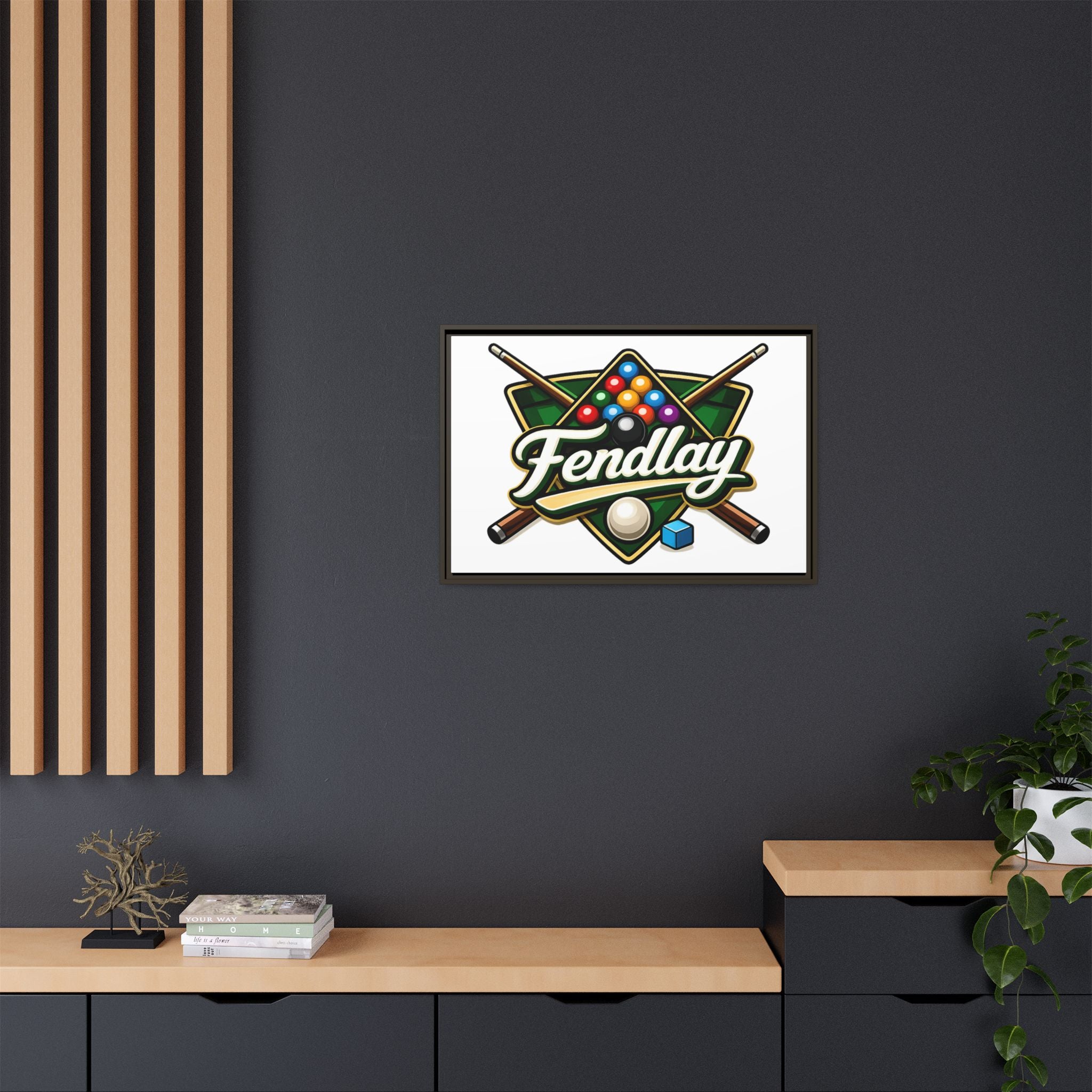 Billiards Logo Fendlay Matte Canvas Framed | Pool Cue & Balls Wall Art