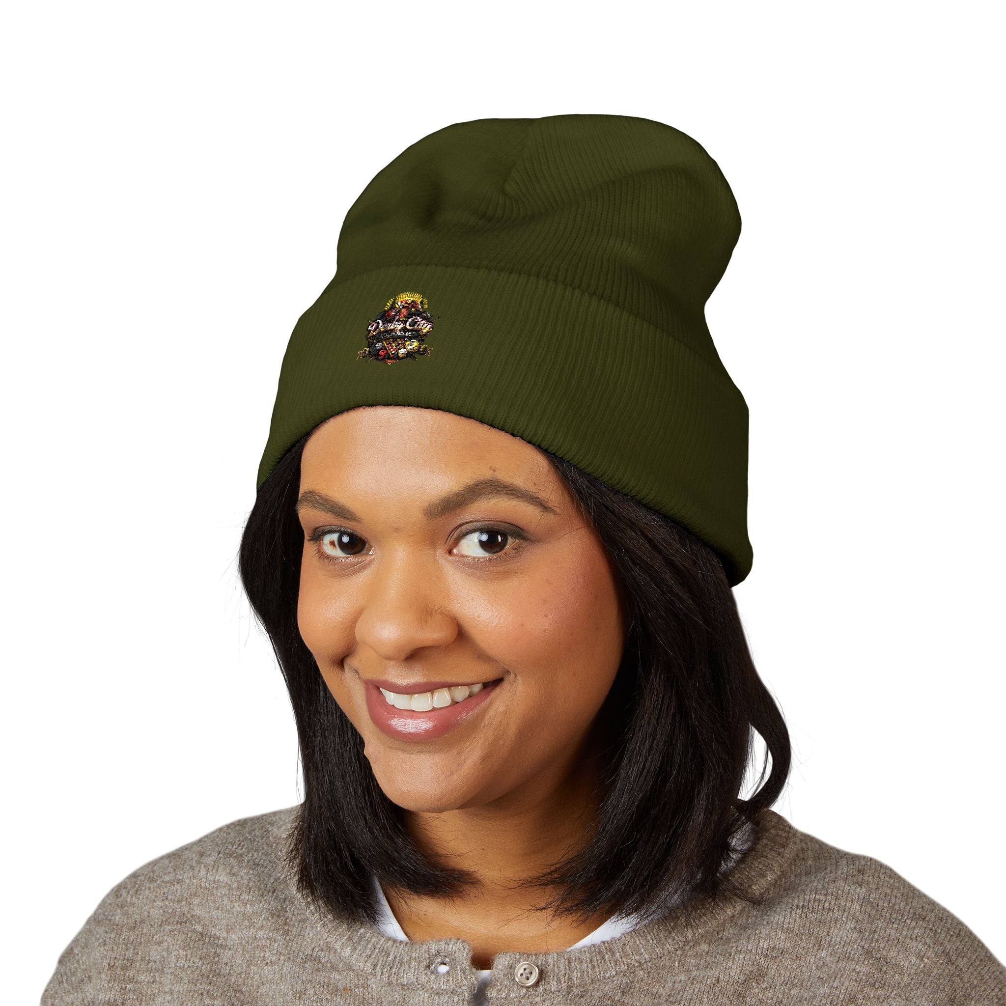 Floral Skull Crest Beanie | Embroidered Cuffed Beanie