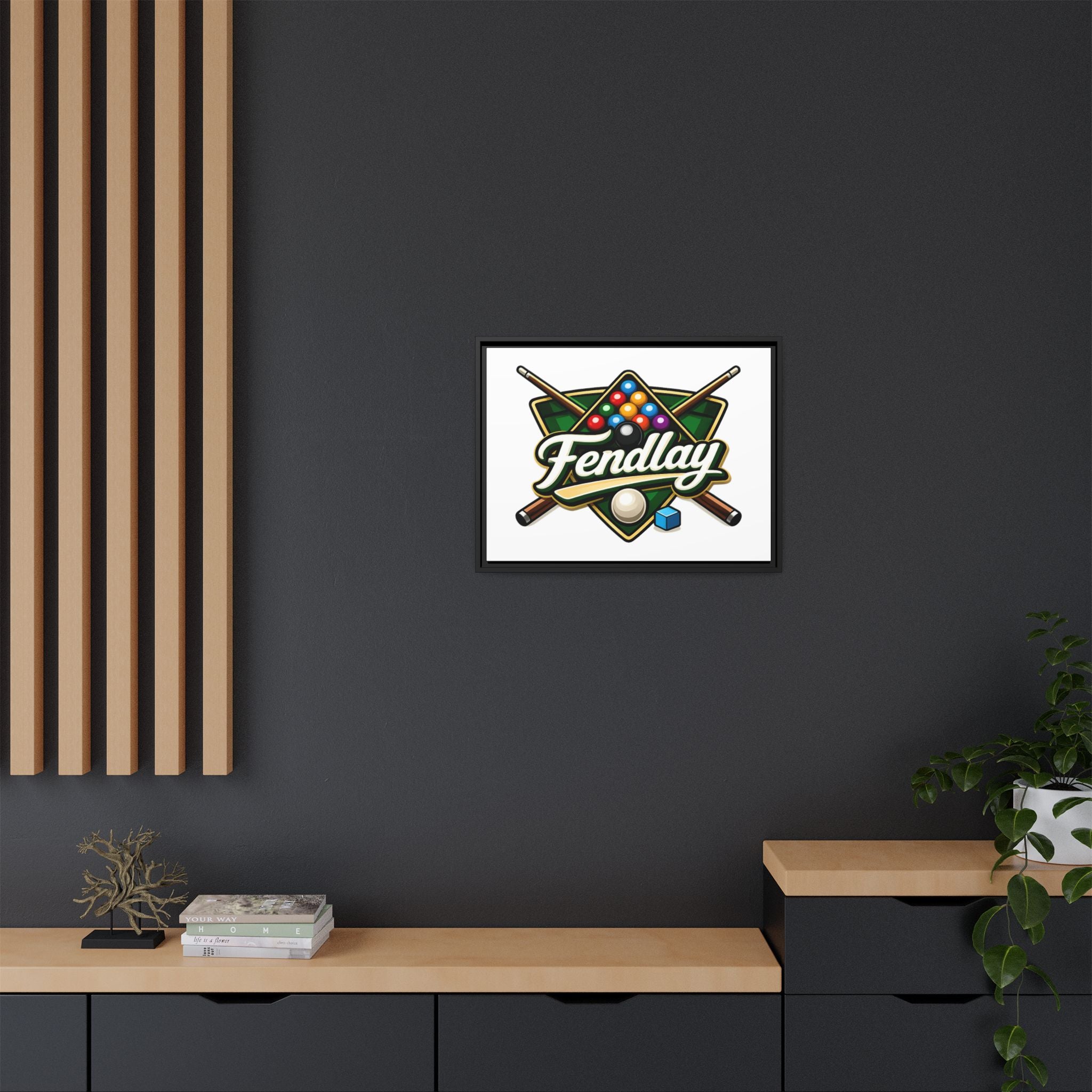 Billiards Logo Fendlay Matte Canvas Framed | Pool Cue & Balls Wall Art