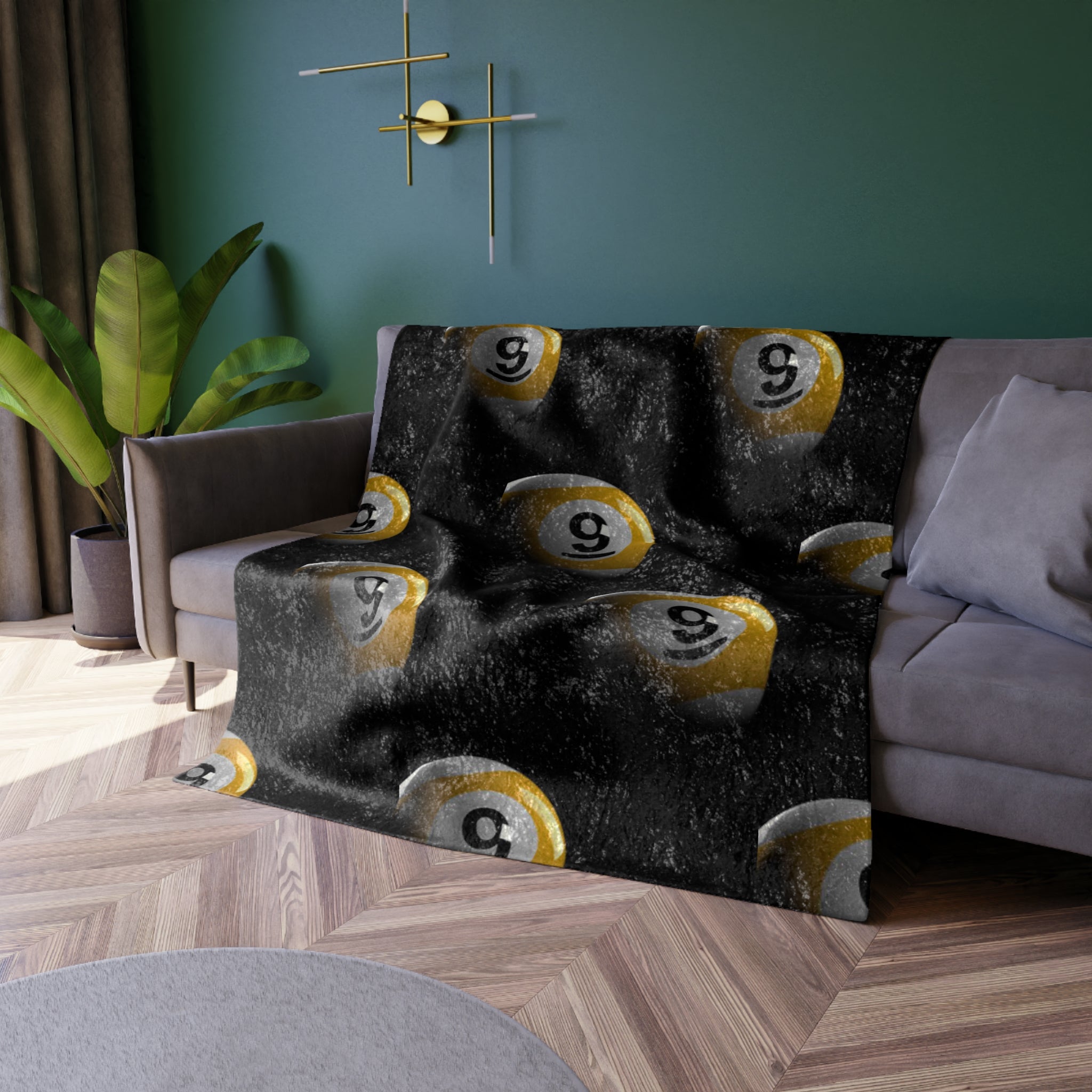 Golden 9 Ball Pattern Crushed Velvet Blanket | Pool Billiards Throw