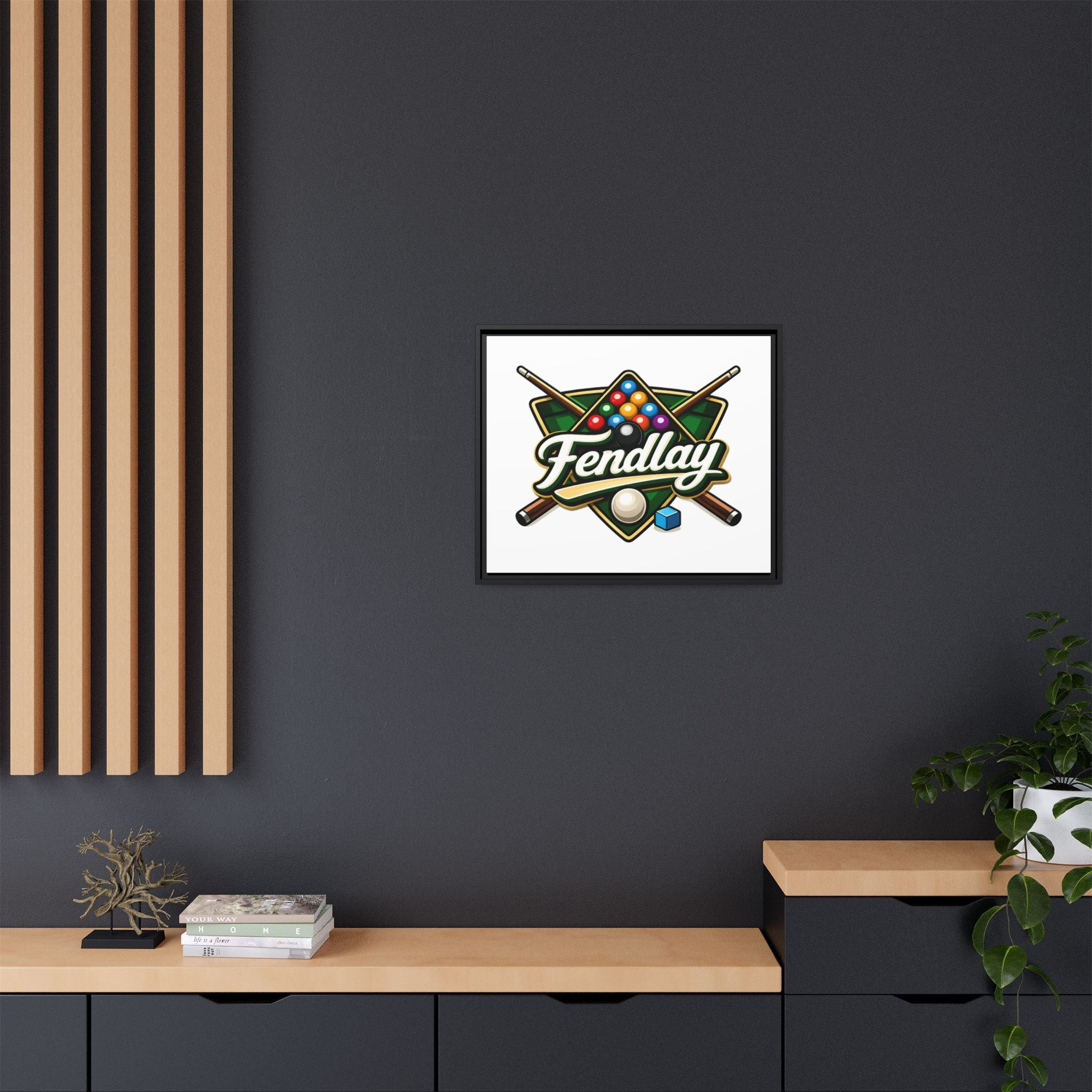 Billiards Logo Fendlay Matte Canvas Framed | Pool Cue & Balls Wall Art