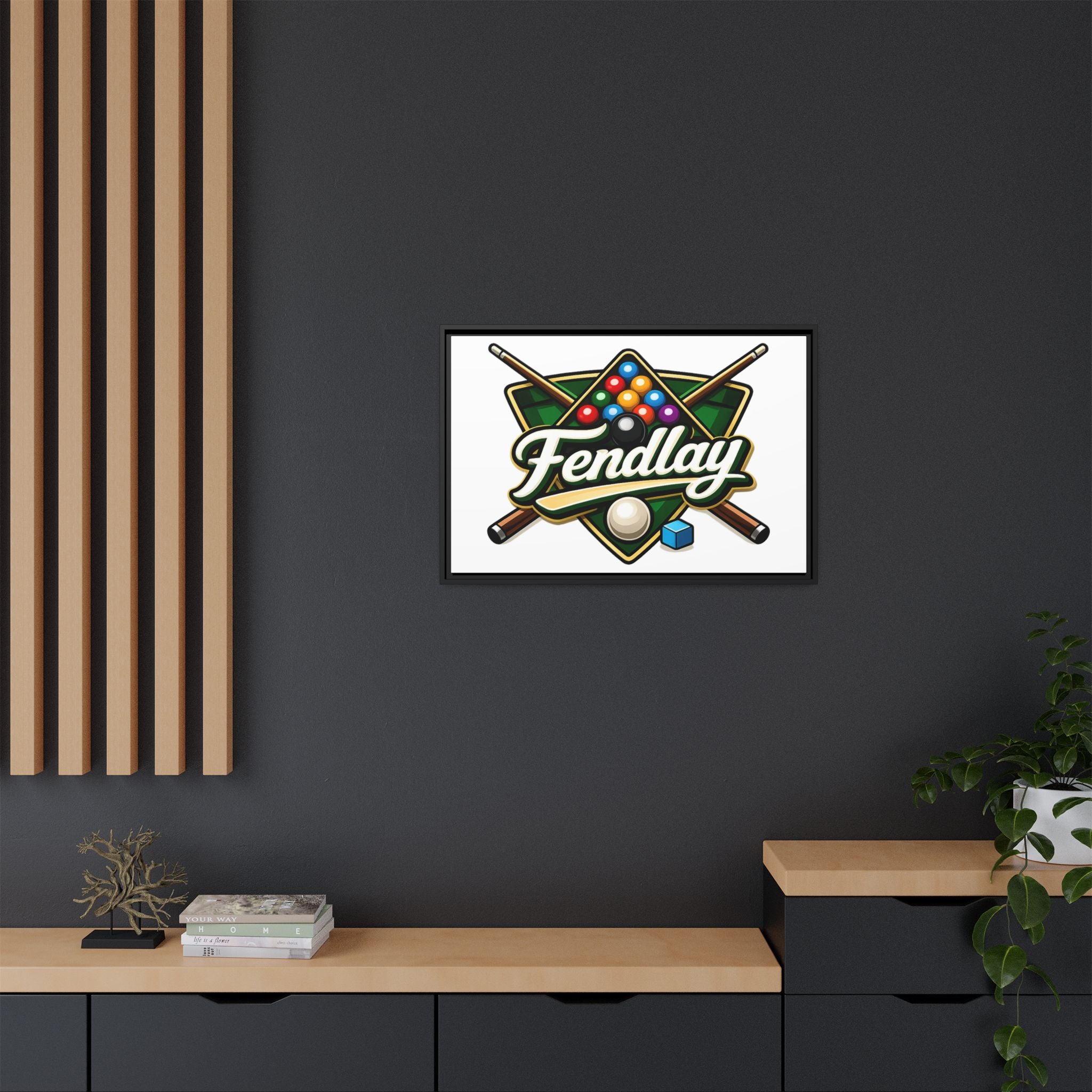 Billiards Logo Fendlay Matte Canvas Framed | Pool Cue & Balls Wall Art