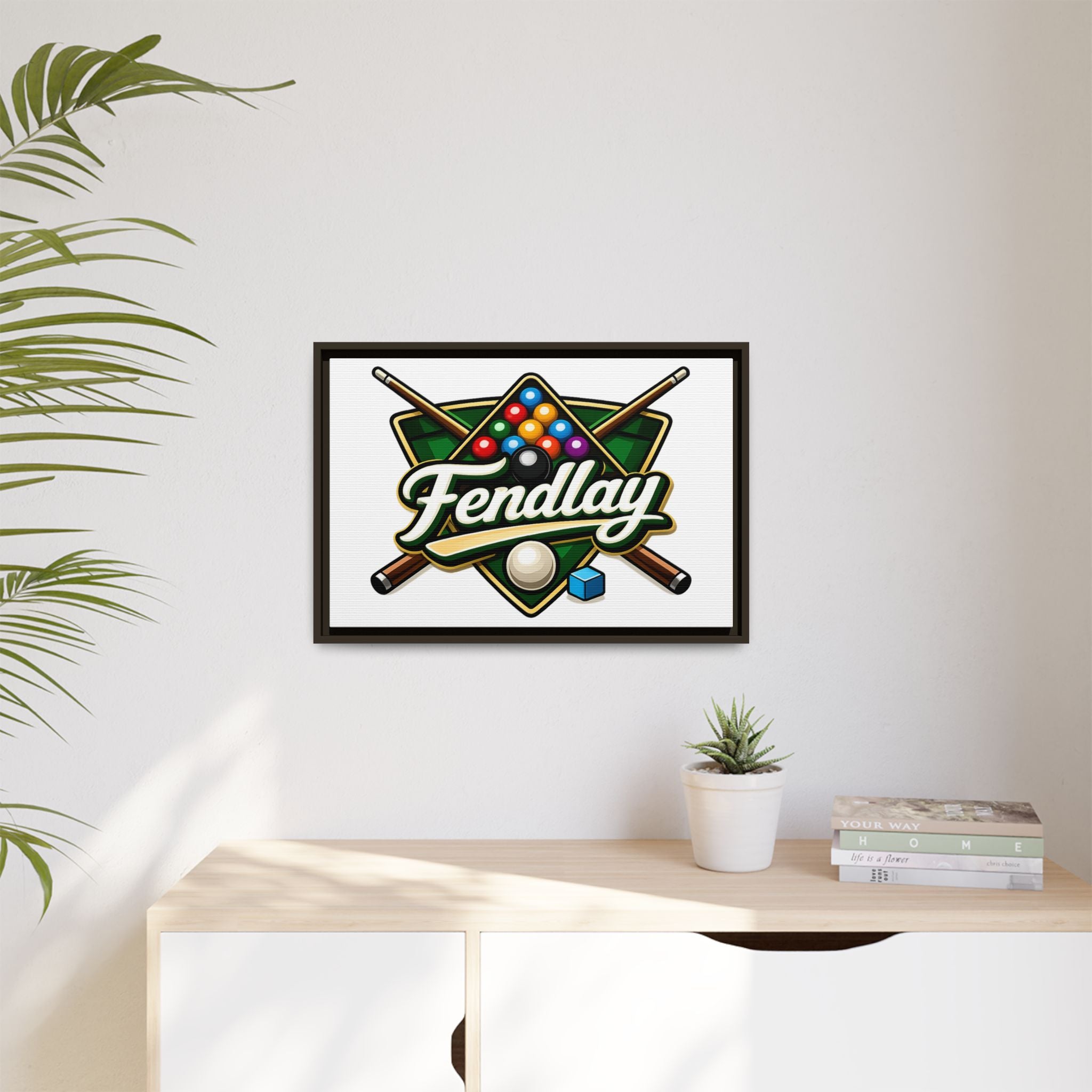 Billiards Logo Fendlay Matte Canvas Framed | Pool Cue & Balls Wall Art